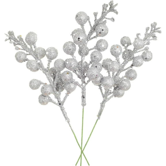 ZOELNIC 16pcs Christmas Glitter Berries Stems, 9" Artificial Christmas Picks for Christmas Tree Ornaments, DIY Xmas Wreath, Crafts, Holiday and Home Decor (Silver)