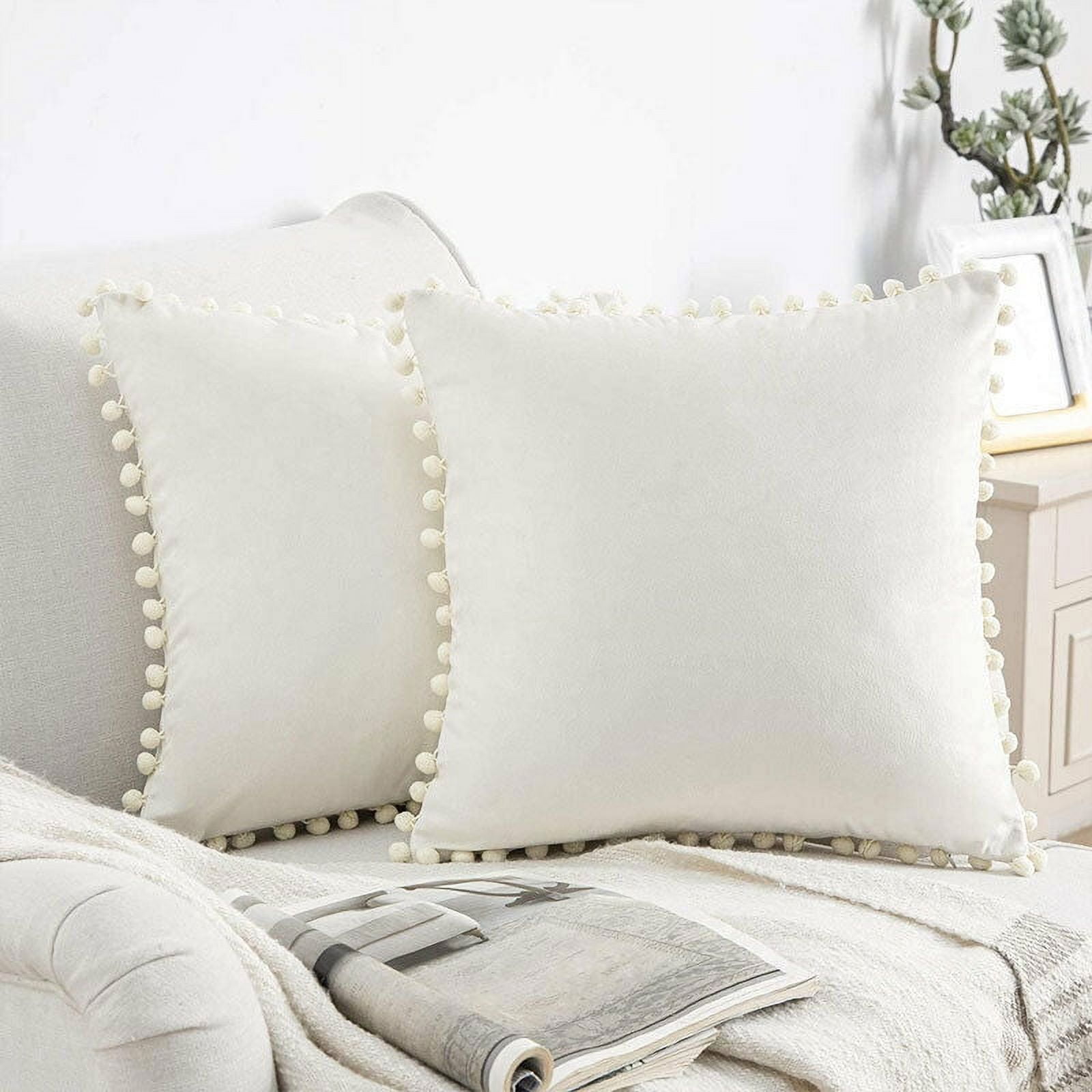 Off-White Velvet Square Throw Pillows with Tassels, 18" x 18", Set of 2