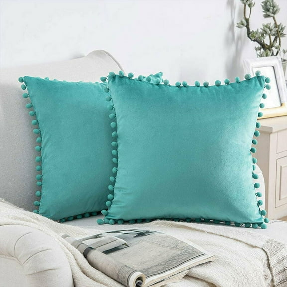 ZOELNIC 18"x18'' Pack of 2 Pom Poms Velvet Cushion Cover Decorative Throw Pillow Covers for Home Bench Sofa Bed, Turquoise