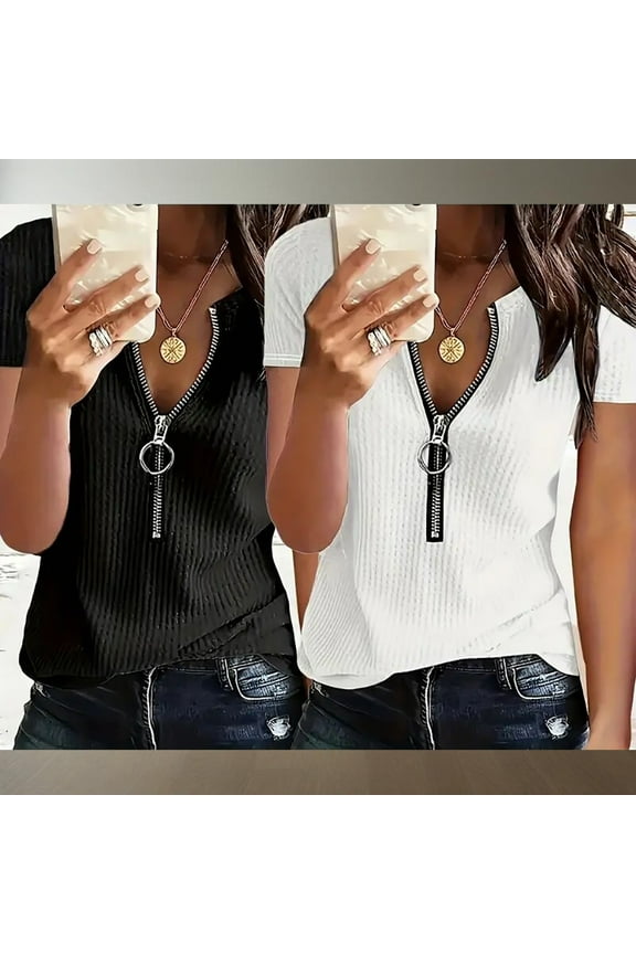 2-Pack Women's Short Sleeve Zipper Front Shirts Summer V Neck Zip Up T Shirts Top Casual Loose Fit Blouses, S