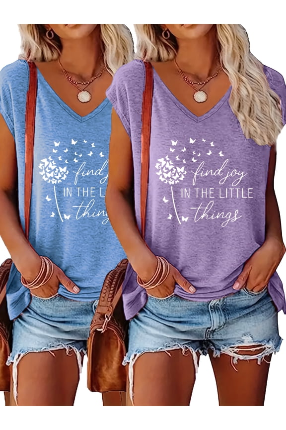 2-Pack Womens Dandelion Print Tshirt Cute Graphic Floral Tees Short Sleeve Summer Tee Tops, L