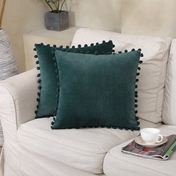 ZOELNIC 2 Pcs Velvet Pillow Covers with Pom Poms Home Decorative Square Throw Pillow Cases for Party Couch Sofa Bed, Green, 20"x20"