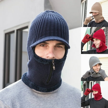 ZOELNIC 2 in 1 Unisex Hat Gloves Set Solid Color Plush Lining Autumn Winter Dome Short Brim Beanie Hat Scarf for Men Women Outdoor, Black