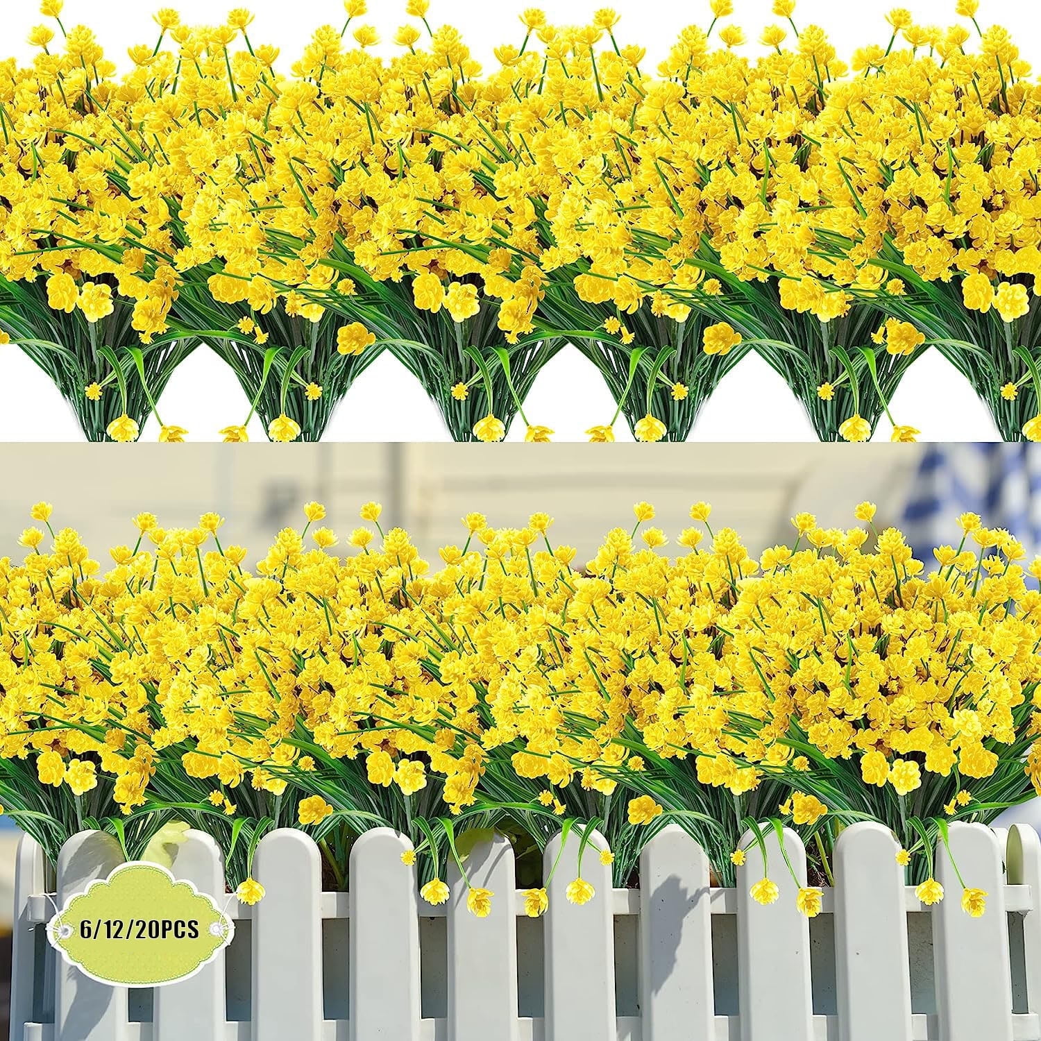 ZOELNIC 20 Bundles Artificial Fake Flowers, Plastic Flowers for Outdoors Decoration, UV Resistant Faux Flowers Shrubs, Artificial Plants for Indoor Outside Garden Home Wedding Farmhouse, Yellow