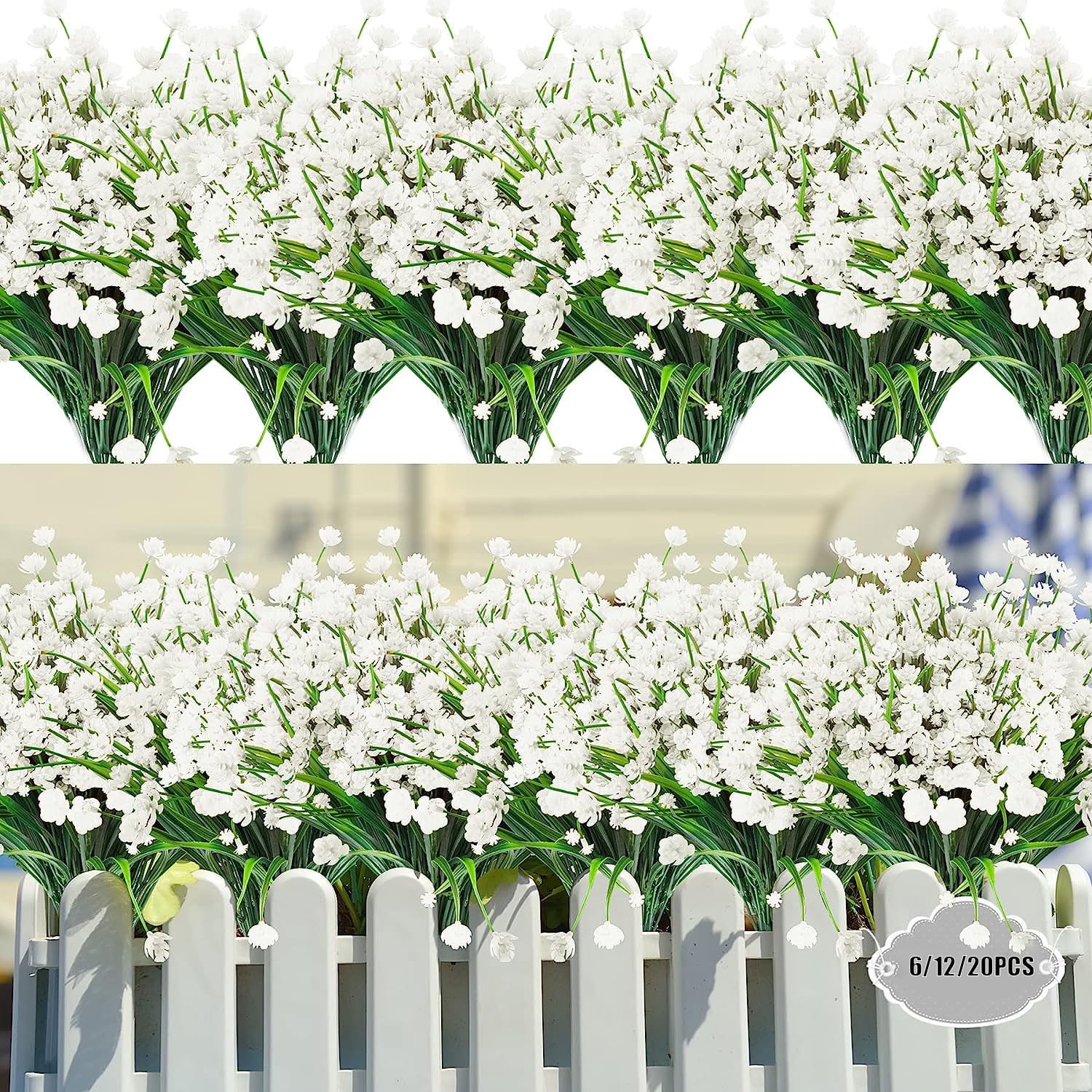 ZOELNIC 20 Bundles Artificial Fake Flowers, Plastic Flowers for Outdoors Decoration, UV Resistant Faux Flowers Shrubs, Artificial Plants for Indoor Outside Garden Home Wedding Farmhouse, White