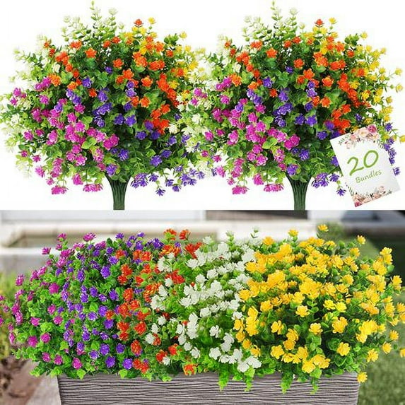 ZOELNIC 20 Bundles Artificial Flowers Outdoor Fake Flowers for Home Decoration, UV Resistant Faux Plastic Greenery Shrubs Plants for Hanging Garden Porch Window Box Décor in Bulk Wholesale, 5 Colors