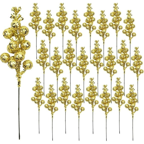 ZOELNIC 20PCS Christmas Glitter Berries Stems Artificial Christmas Picks for Christmas Tree Ornaments, Wreath, Crafts, Holiday and Home Decor, Gold
