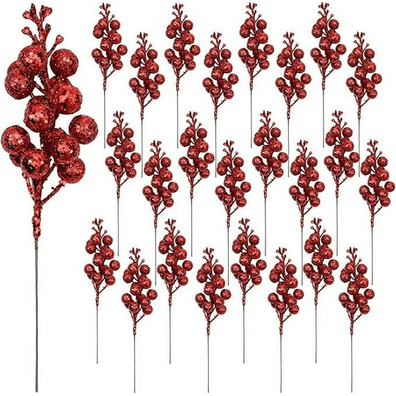 ZOELNIC 20PCS Christmas Glitter Berries Stems Artificial Christmas Picks for Christmas Tree Ornaments, Wreath, Crafts, Holiday and Home Decor, Red