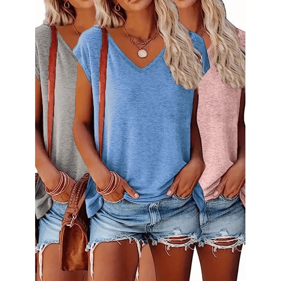 ZOELNIC 3 Pack Women's Short Sleeve V-Neck T-Shirts - 2025 Summer Fashion Loose Fit Cute Tees Trendy Basic Tops, S