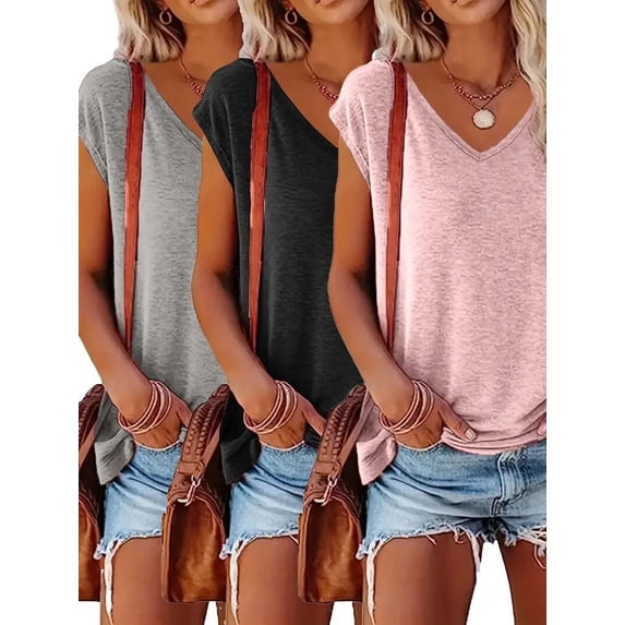 ZOELNIC 3 Pack Women’s V Neck T Shirts, Cap Sleeve Summer Casual Tops Loose Fit Short Sleeve Tees 2025 Trendy Shirts, 2XL