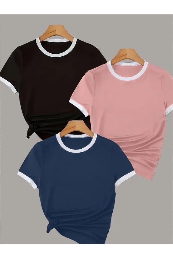 3 Pack Womens T-Shirts - Short Sleeve Spring Summer Tops Crew Neck Trendy Casual Work Basic Tees, L