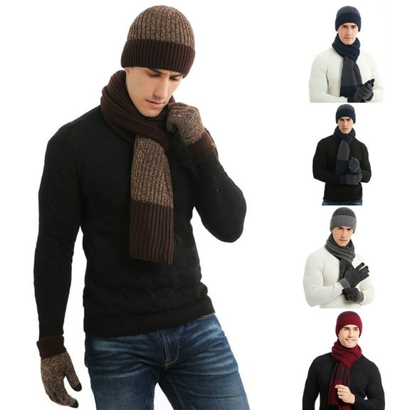 ZOELNIC 3Pcs/Set Men Womens Winter Warm Knit Beanie Hat Touchscreen Gloves Scarf Thermal Socks Set Woolen Yarn Skull Caps Neck Scarves for Outdoor