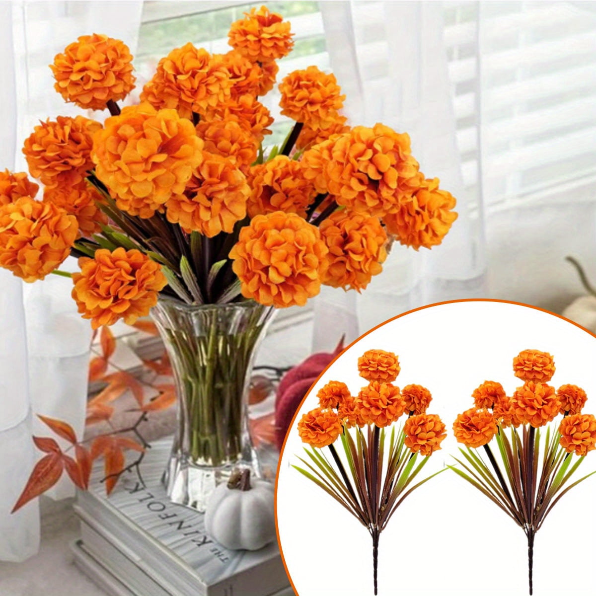Zukuco 4 Bundles Artificial Fall Mums Flowers Silk Small Chrysanthemum Ball Outdoor Flower UV Resistant Autumn Home Kitchen Outside Porch Garden Pots Decoration (Orange