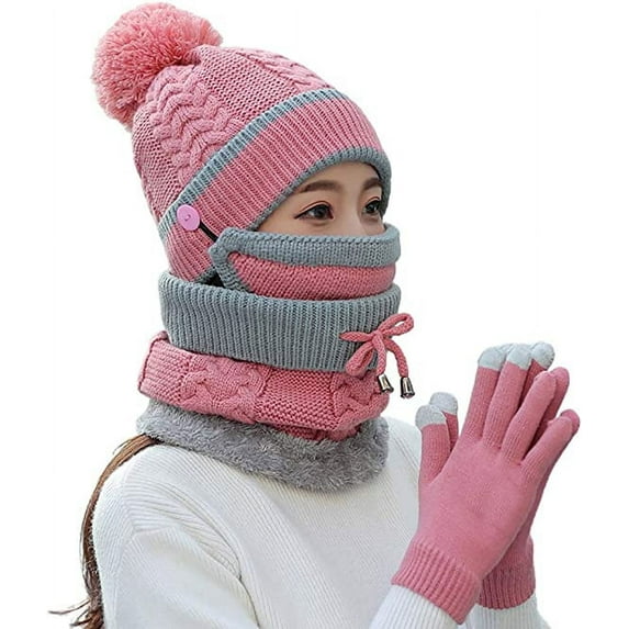 ZOELNIC 4PCS Women Beanie Hat Pom Scarf Mask Knitted Touch Screen Gloves Set Winter Warm Outdoor Hat, Pink