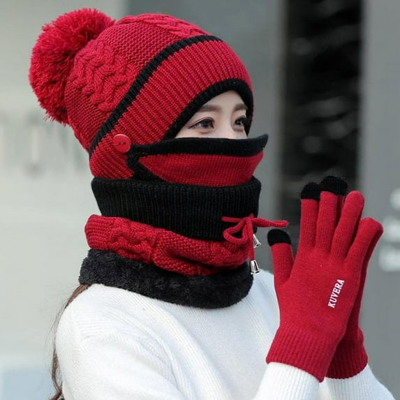 ZOELNIC 4PCS Women Beanie Hat Pom Scarf Mask Knitted Touch Screen Gloves Set Winter Warm Outdoor Hat, Red