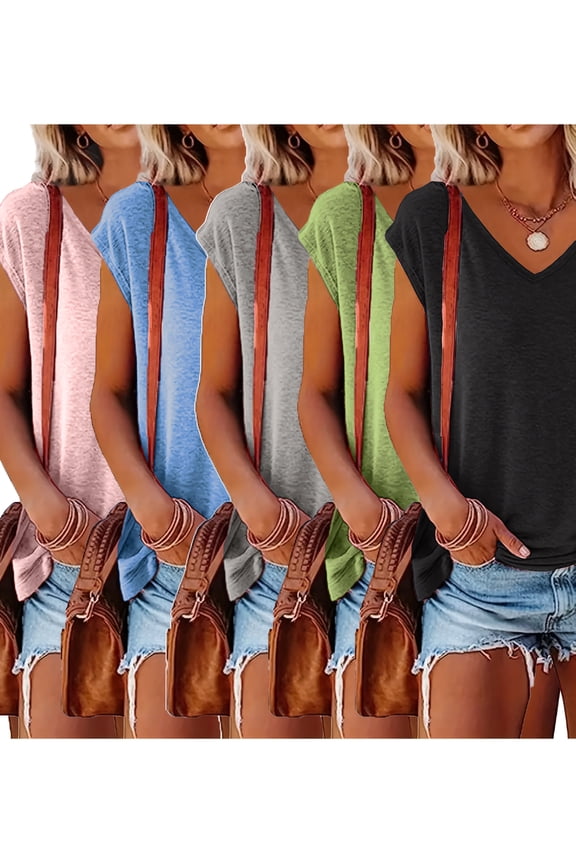 5 Pack Womens Tank Tops Summer V Neck Tee Casual Sleeveless T Shirts 2025 Fashion Beach Vacation Clothes, 2XL