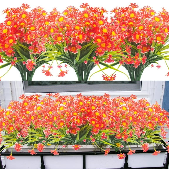 ZOELNIC 6 Bundles Artificial Daisy Mums Flowers Outdoor Fake Fall Flowers for Decoration No Fade Faux Plastic Autumn Flower Garden Porch Window Box Decor（Red）