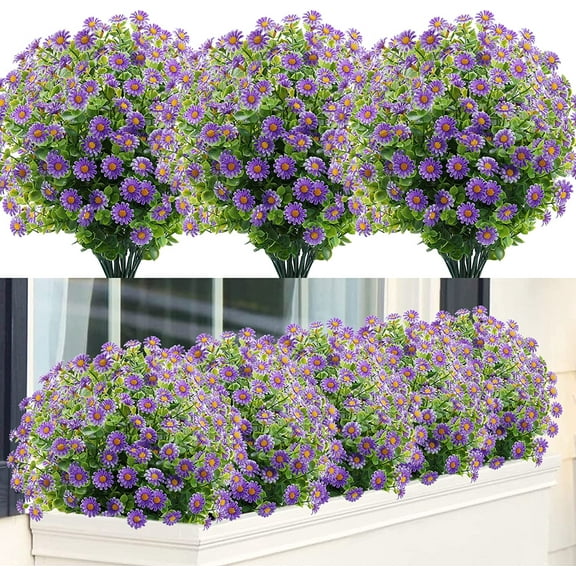 ZOELNIC 6 Bundles Fall  Artificial Flowers UV Resistant Wild Daisy Flowers, Faux Plastic Eucalyptus Greenery Shrubs Fake Plant for Autumn Indoor Outdoor Home Fireplace Garden Decor (Purple)