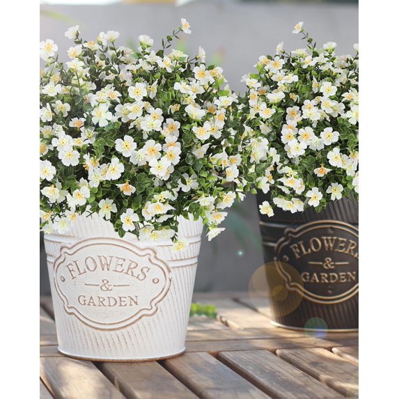 ZOELNIC 6 PCS Outdoor Artificial Plant Flower UV Resistant Fake Stems Plants, Faux Shrubs Outdoor Greenery Plastic Plants for Outside Garden Porch Window Home Wedding Farmhouse Patio Decor, White