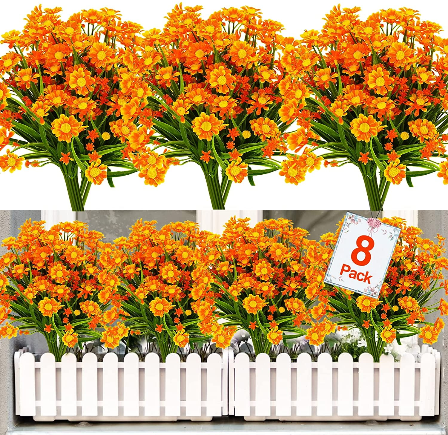 ZOELNIC 8 Bundles Artificial Daisy Flowers Outdoor Autumn Decoration UV ...