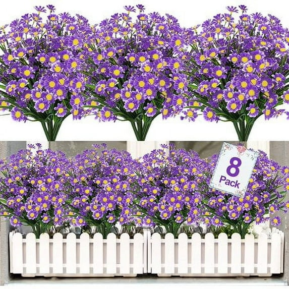 ZOELNIC 8 Bundles Artificial Daisy Flowers Outdoor Autumn Decoration UV Resistant Fake Flowers Faux Plastic Greenery Shrub Plant Indoor Outside Hanging Home Garden Window Porch Box Decor (Purple)