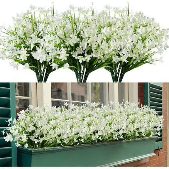 ZOELNIC 8 Bundles Artificial Fake Flowers UV Resistant Shrubs Plants for Indoor Outside Hanging Plants Garden Porch Window Box Home Wedding Farmhouse Decor White