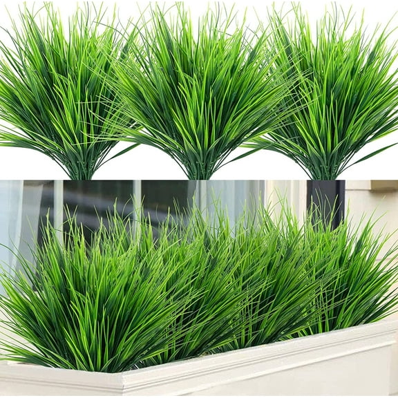 ZOELNIC 8 Bundles Artificial Wheat Grass, UV Resistant Fake Greenery Stems Plastic Shrubs Outdoor Patio Garden Farmhouse Front Porch Home Window Box Decoration