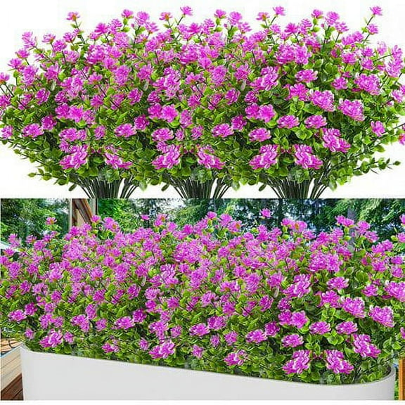 ZOELNIC 8 Bundles Outdoor Artificial Flowers UV Resistant Fake Boxwood Plants Faux Plastic Greenery for Indoor Outside Plants Garden Home Decor, Fuchsia