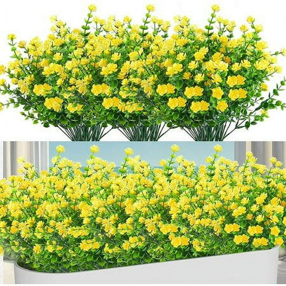 ZOELNIC 8 Bundles Outdoor Artificial Flowers UV Resistant Fake Boxwood Plants Faux Plastic Greenery for Indoor Outside Plants Garden Home Decor, Yellow