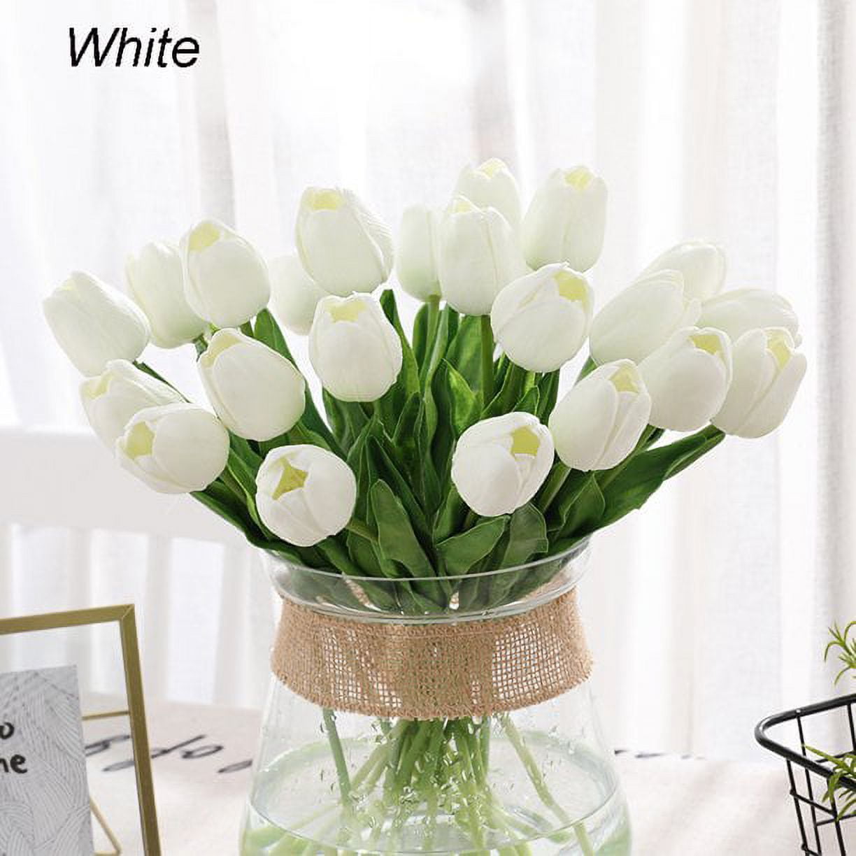 ZOELNIC Artificial Tulips Real Touch Fake Flowers Artificial Tulips Flowers  Arrangement Bouquet for Home Room Office Wedding Party, White