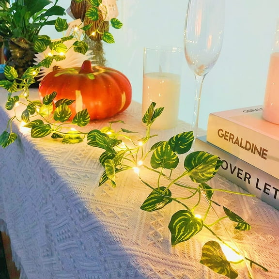 ZOELNIC Artificial Watermelon Leaf Garland Vine Plant Fairy Lights 50LED String Lights Battery Powered for Home Kitchen Garden Office Wedding Wall Decor