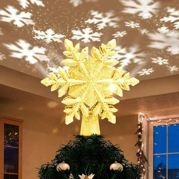 ZOELNIC Christmas Tree Topper Lighted, Gold Snowflake Tree Decoration with LED Snowflake Projector, 3D Glitter Lighted Snow Tree Topper for Christmas Tree Decorations