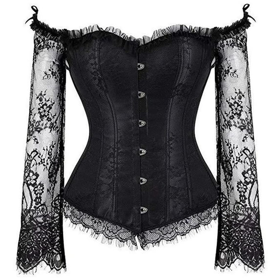 ZOELNIC Corset Tops for Women with Sleeves, Bustier Overbust Lace Up Bodice Lingerie, Vintage Steampunk Strapless Party Club Shirt, S