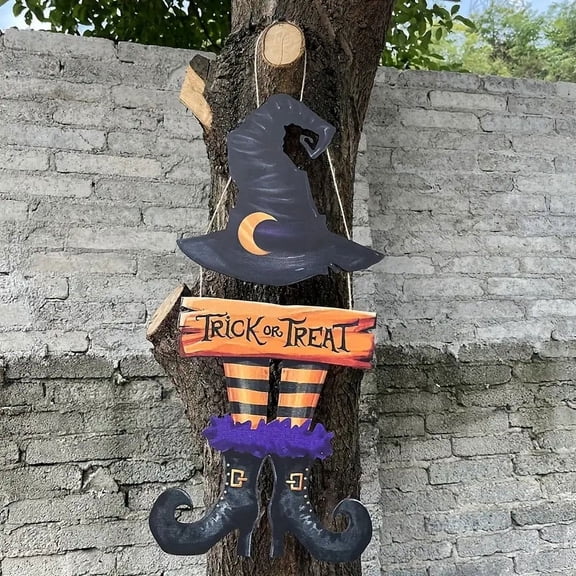 ZOELNIC Halloween Door Sign Halloween Witch Wreath Trick or Treat Wooden Hanging Decorations Halloween Porch Sign Door Hanger for Farmhouse Front Door Porch Wall Decor, 1Pack