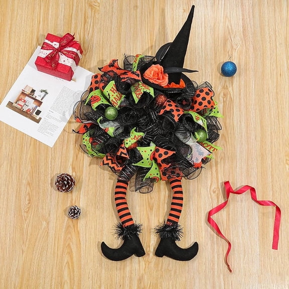 ZOELNIC Halloween Witch Wreath, 29.25 Inch Halloween Wreaths for Front Door Witch Hat Two Long Legs, Halloween Wreath for Halloween Decorations Indoor Outdoor
