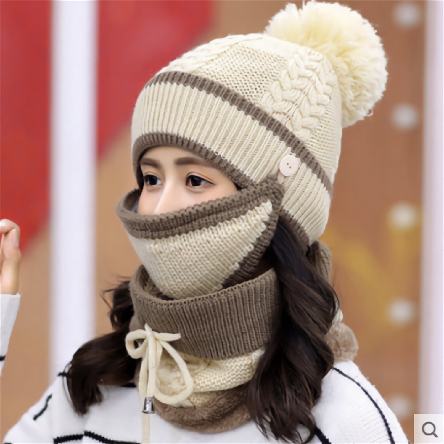 ZOELNIC Hat Scarf Set, 4 in 1 Winter Scarf Mask Gloves Set, Hat