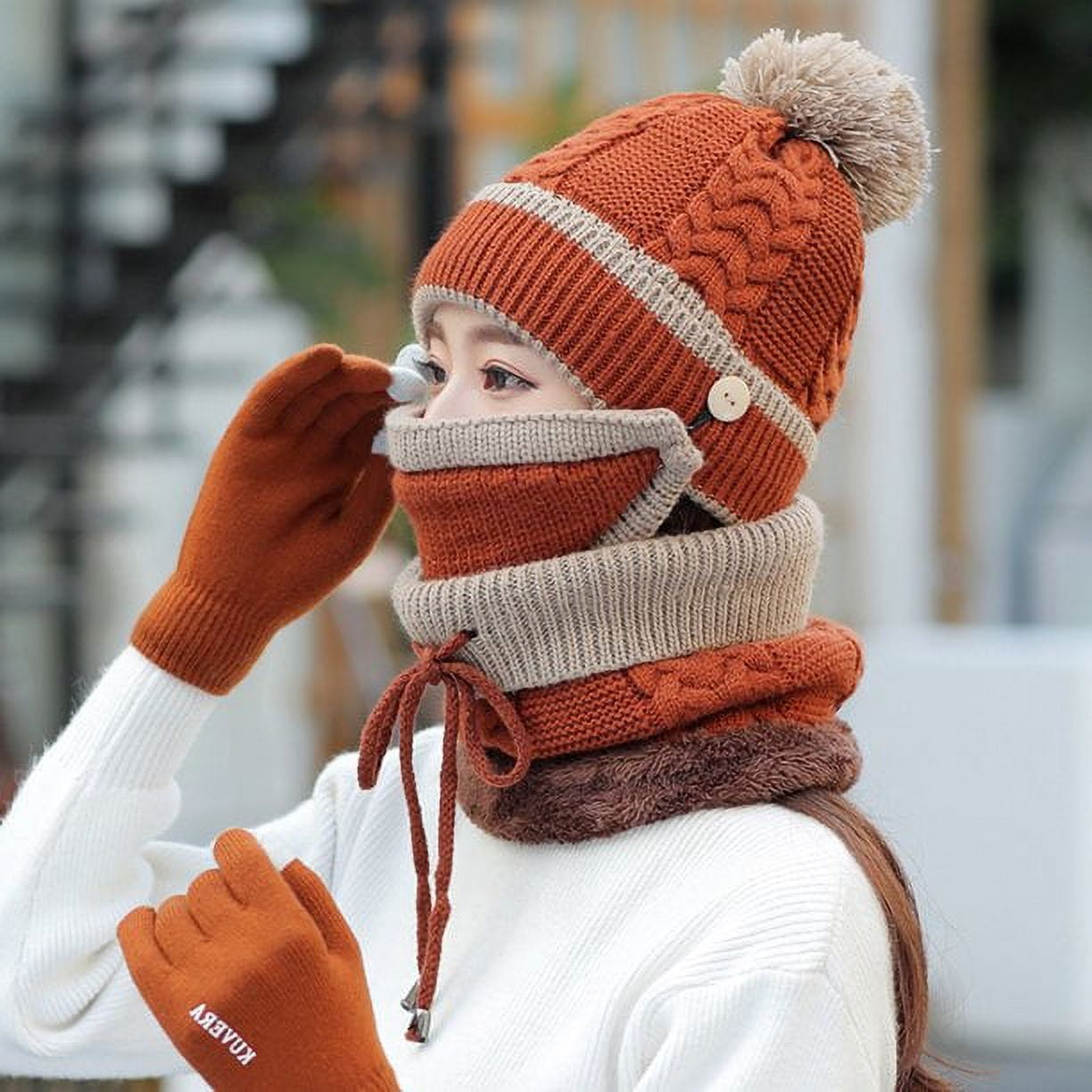 ZOELNIC Hat Scarf Set, 4 in 1 Winter Scarf Mask Gloves Set, Hat