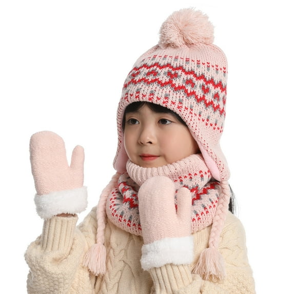 ZOELNIC Kids Winter Beanie Earflap Hat Scarf Gloves Set Toddler Knit Pom Printted Cap Neck Warmer Fleece Mittens for Girls Boys Pink