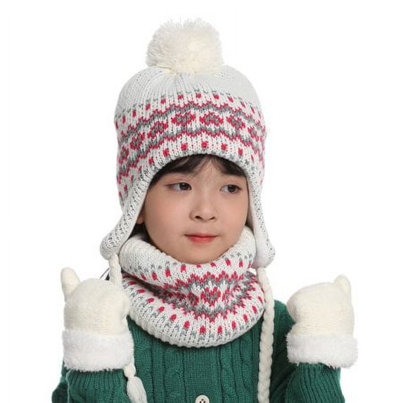 ZOELNIC Kids Winter Beanie Earflap Hat Scarf Gloves Set Toddler Knit Pom Printted Cap Neck Warmer Fleece Mittens for Girls Boys White