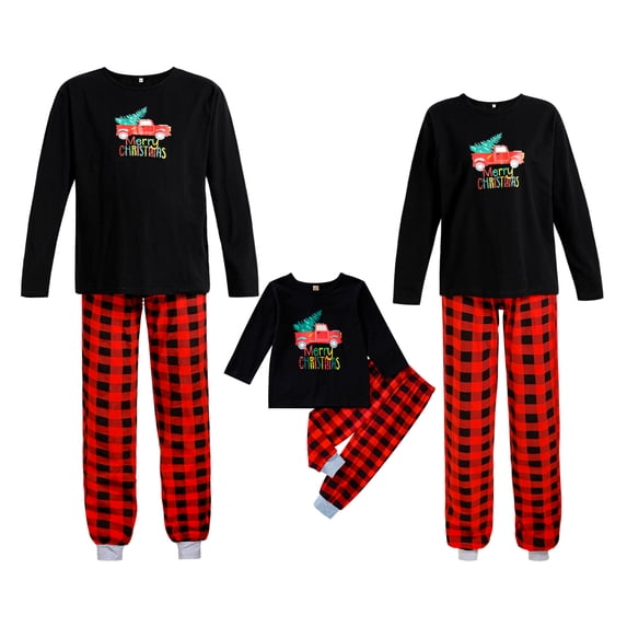 ZOELNIC Matching Family Pajamas Sets Christmas Matching Holiday Pjs Letter Print Top + Plaid Pants Sleepwear, Women XL