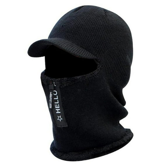 ZOELNIC Men Winter Knitted Hat With Zipper Fur Lined Warm Face Ear Neck Warmer Cap for Outdoor Cycling Black