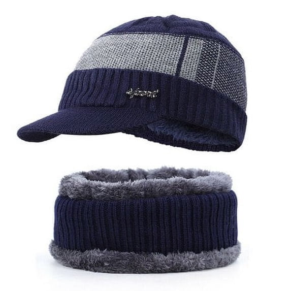 ZOELNIC Men Winter Warm Hat Scarf Set Knit Visor Beanie Fleece Lined Beanie with Brim Cap, Navy Blue