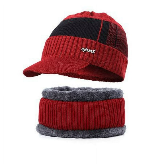 ZOELNIC Men´s Knitted Hat Collar Two-piece Outfit Men Winter Warm Hat Knit Visor Beanie Fleece Lined Beanie Cap