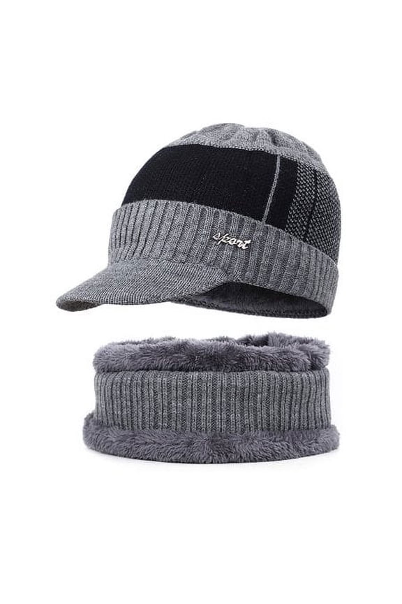 Men´s Knitted Hat Collar Two-piece Outfit Men Winter Warm Hat Knit Visor Beanie Fleece Lined Beanie Cap