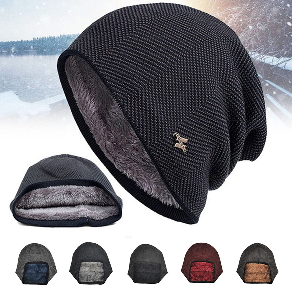 Bodvera Men's Fleece Lined Slouchy Beanie - Winter Knit Ski Cap, Warm Skull Hat For Cold Weather