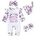 thumbnail image 1 of ZOELNIC Newborn Infant Baby Girl Romper Letter Print Bodysuit Jumpsuit+Hat+Headband+Gloves Coming Home Clothes Outfit, 1 of 7
