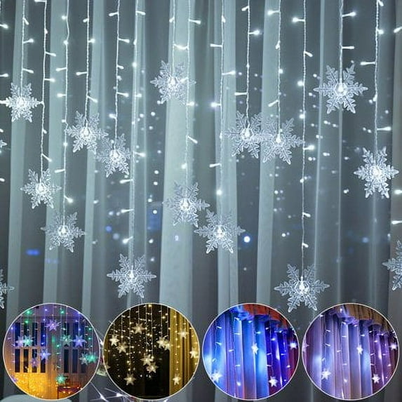 ZOELNIC Outdoor Christmas Snowflake LED Curtain String lights Memory 8 Modes Flashing Lights Waterproof Holiday Party Connectable Wave Fairy Light, White 1PACK
