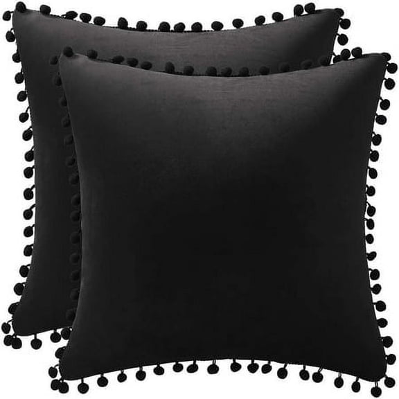 ZOELNIC Pack of 2 Decorative Throw Pillow Covers with Pom Poms Soft Square Velvet Pillow Case for Couch Sofa Bedroom 18''x18'' Black
