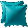 thumbnail image 1 of ZOELNIC Pack of 2 Decorative Throw Pillow Covers with Pom Poms Soft Square Velvet Pillow Case for Couch Sofa Bedroom 18''x18'' Peacock Blue, 1 of 7