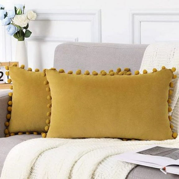 ZOELNIC Pack of 2 Velvet Throw Pillow Covers Rectangle Pillow Cases with Pom Pom for Couch Bed Sofa, Yellow, 12"x20"